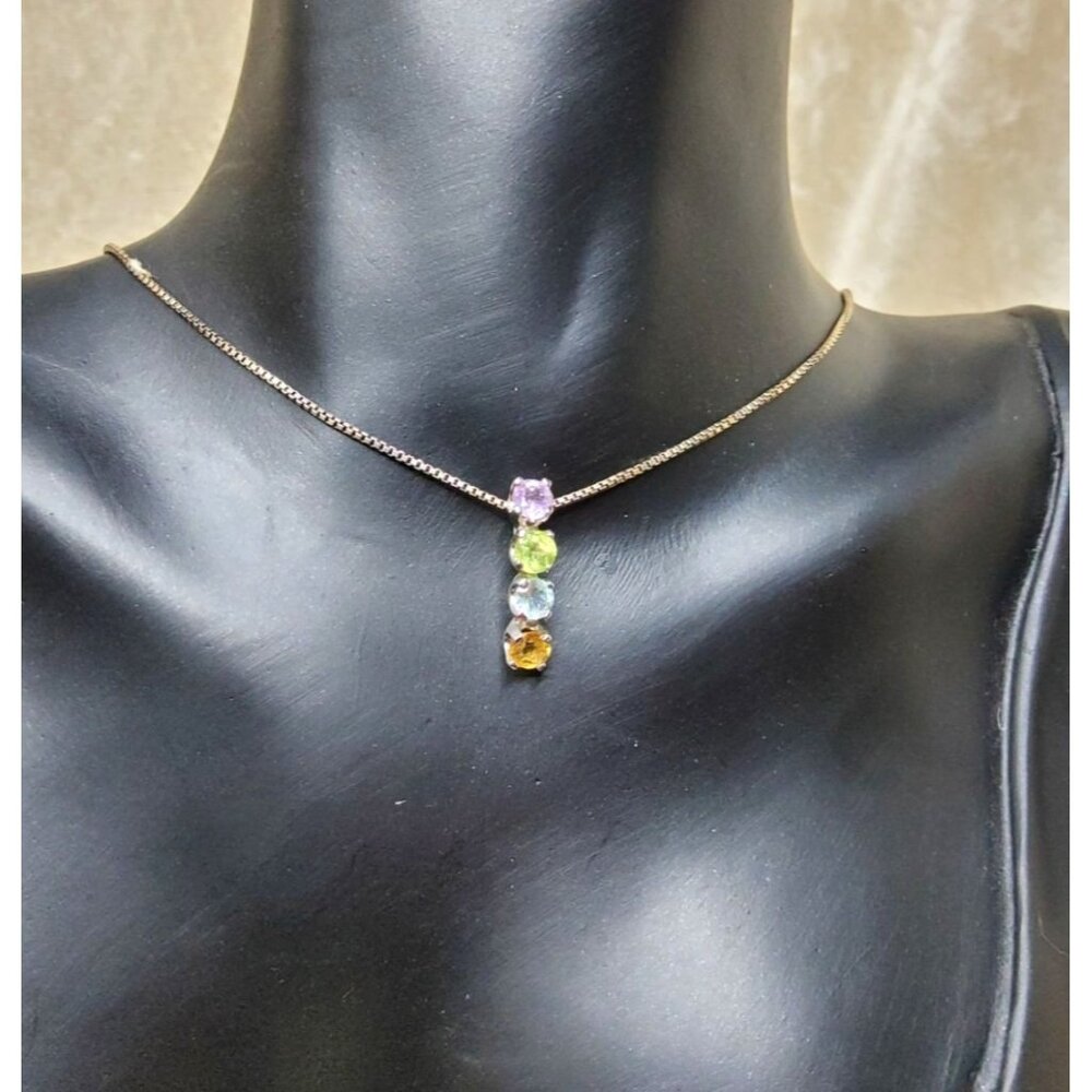 vintage ati sterling silver rainbow gemstones bar pendant necklace - Picture 1 of 6